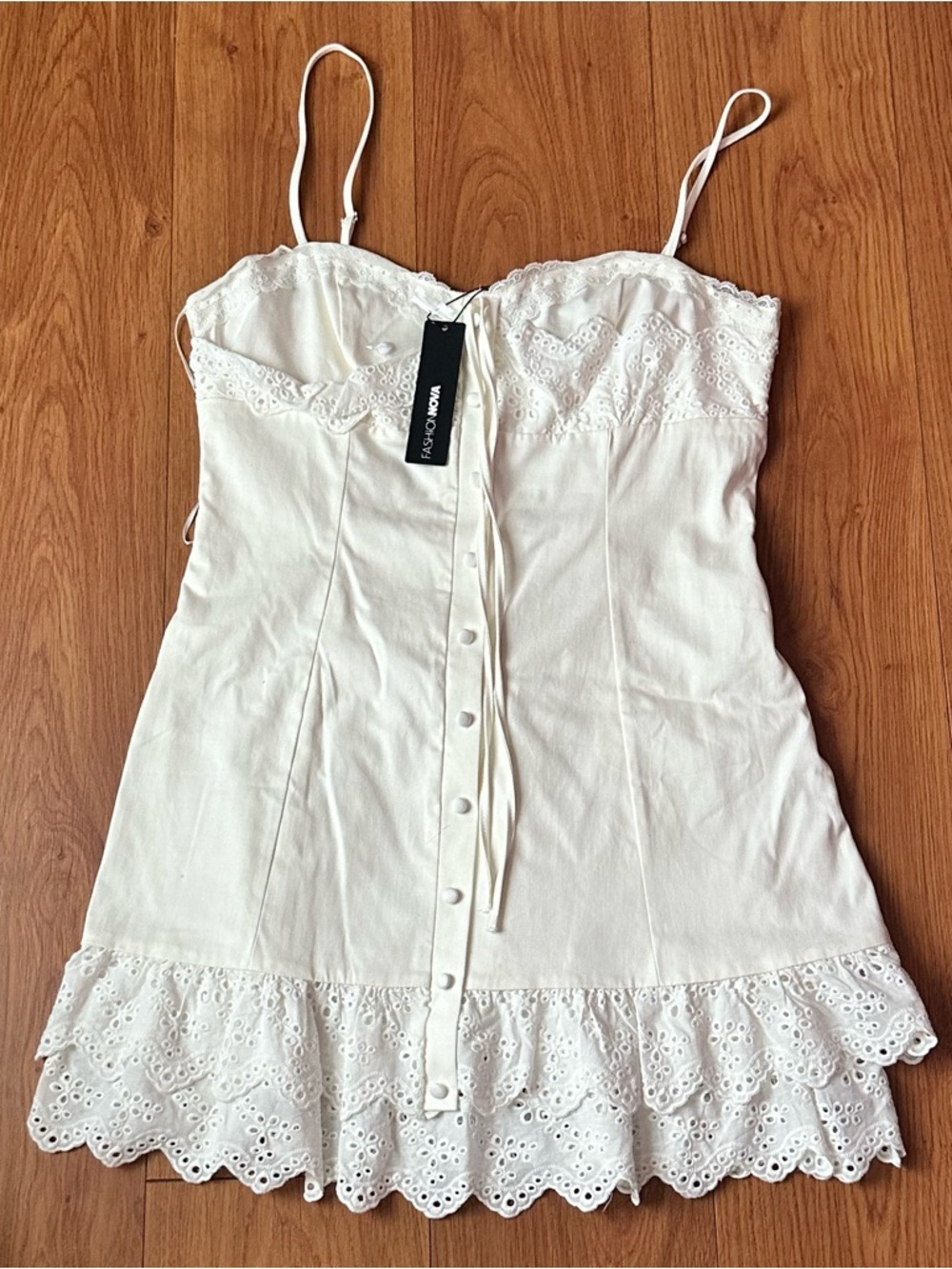 Fashion Nova Cream Eyelet Lace Button-Front Slip Dress
